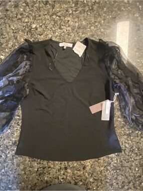 Women's Black Mesh V-Neck Balloon Sleeve Blouse L Sheer Melanie Rios